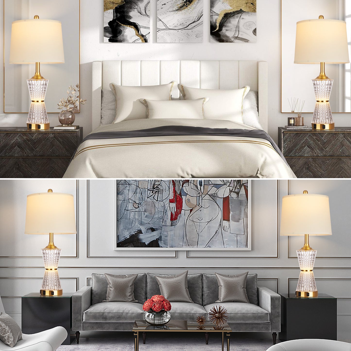 Bedside Table Lamp Gold Acrylic with Night-light, Charging Ports, AC Outlet(Set of 2)