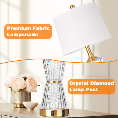 Bedside Table Lamp Gold Acrylic with Night-light, Charging Ports, AC Outlet(Set of 2)