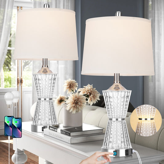 Cinkeda Table Lamp White Acrylic Night light 2in1 USB Ports(Set of 2)