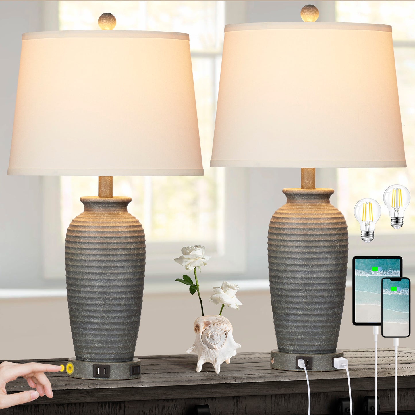 Grey Resin Table Lamps with 3 - Way Touch Dimming, USB Port and AC Outlet (Set of 2)