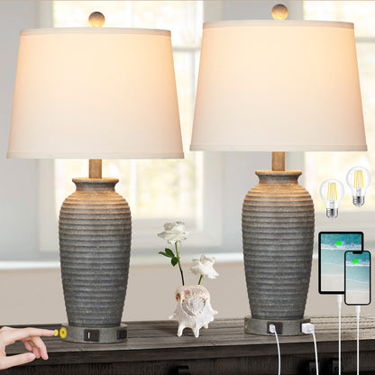Grey Resin Table Lamps with 3 - Way Touch Dimming, USB Port and AC Outlet (Set of 2)
