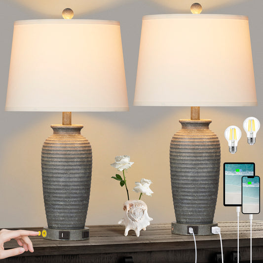 Grey Resin Table Lamps with 3 - Way Touch Dimming, USB Port and AC Outlet (Set of 2)