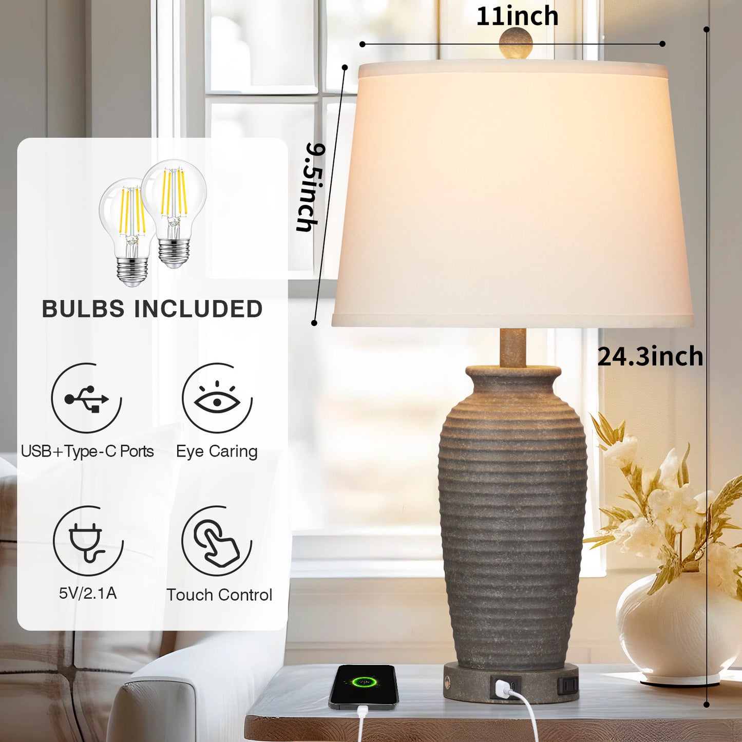 Grey Resin Table Lamps with 3 - Way Touch Dimming, USB Port and AC Outlet (Set of 2)