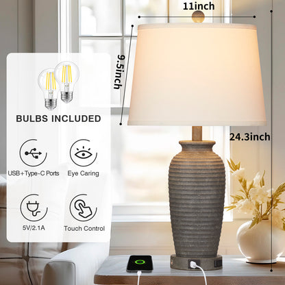Grey Resin Table Lamps with 3 - Way Touch Dimming, USB Port and AC Outlet (Set of 2)