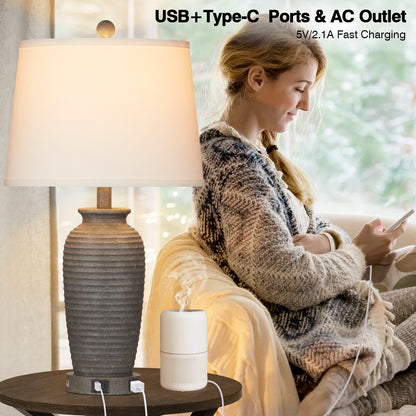 Grey Resin Table Lamps with 3 - Way Touch Dimming, USB Port and AC Outlet (Set of 2)