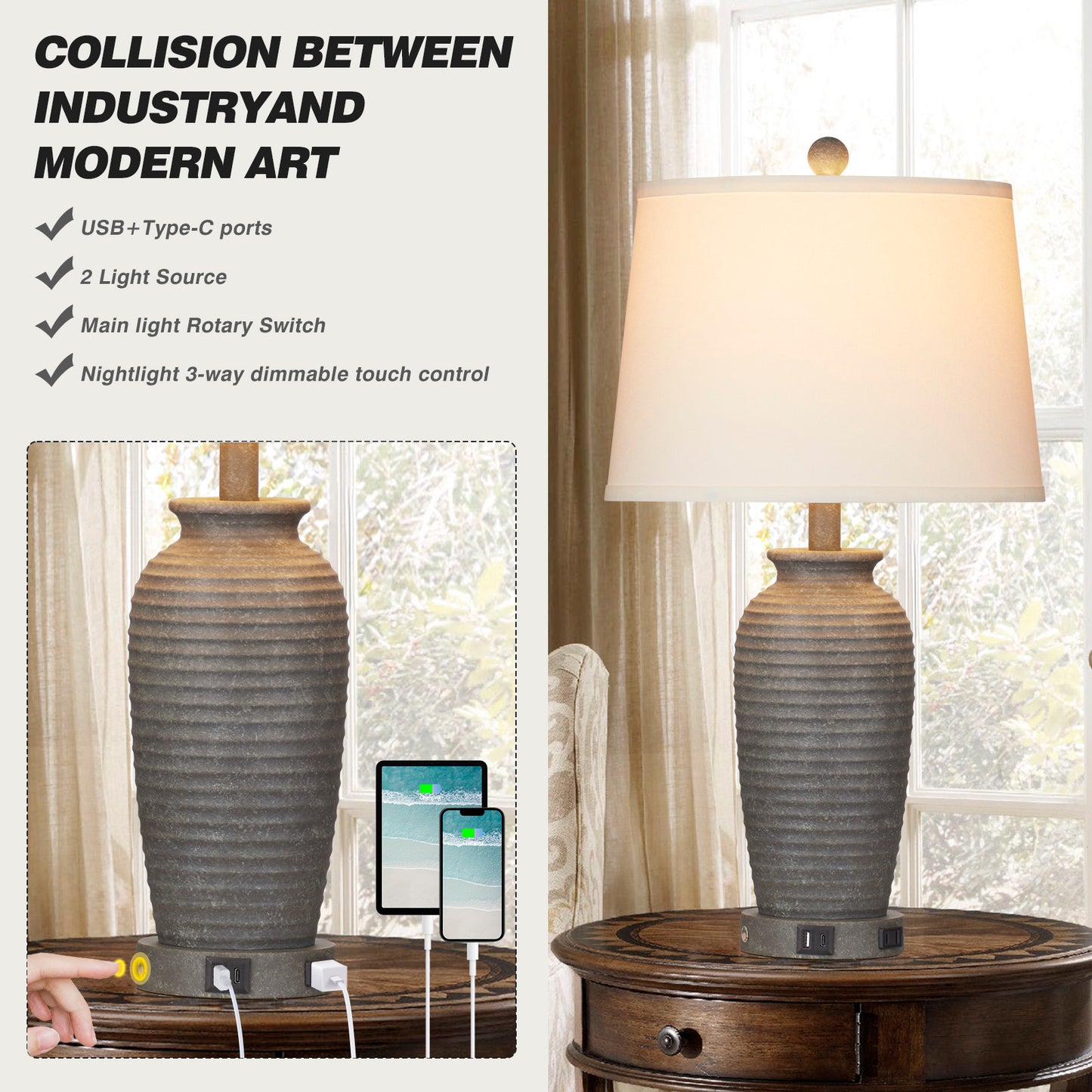 Grey Resin Table Lamps with 3 - Way Touch Dimming, USB Port and AC Outlet (Set of 2)