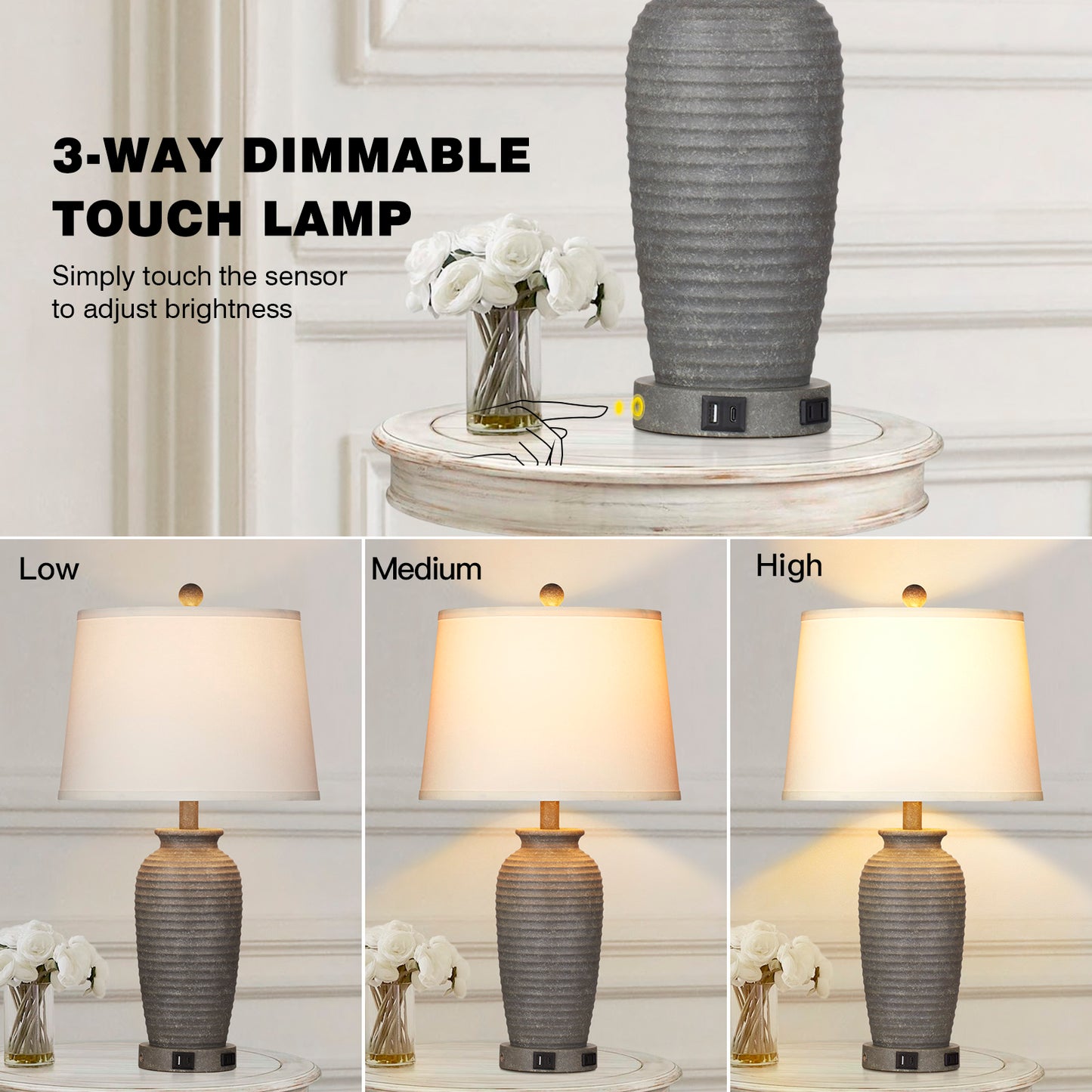 Grey Resin Table Lamps with 3 - Way Touch Dimming, USB Port and AC Outlet (Set of 2)