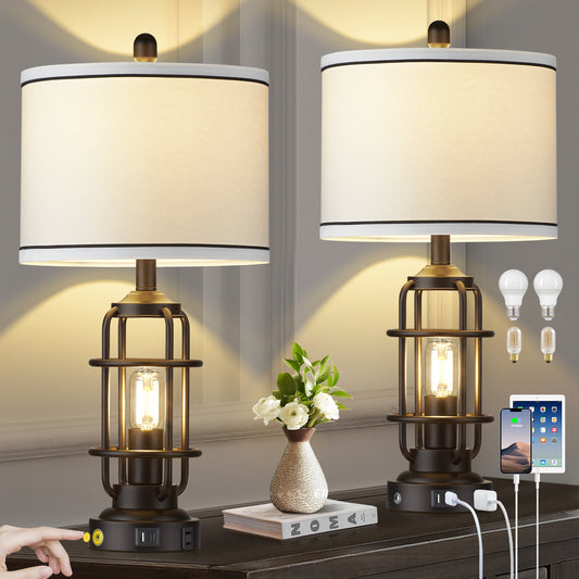 2-in-1 Table Lamps with Nightlight, Featuring a Drum Shade and Touch Dimming (Set of 2)