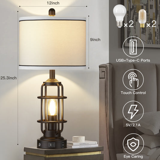 2-in-1 Table Lamps with Nightlight, Featuring a Drum Shade and Touch Dimming (Set of 2)