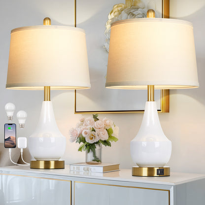 24'' Modern Ceramic Table Lamp White Linen Shade, Gold Accents, Built-in USB & Type-C Charging(Set of 2)