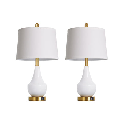 24'' Modern Ceramic Table Lamp White Linen Shade, Gold Accents, Built-in USB & Type-C Charging(Set of 2)