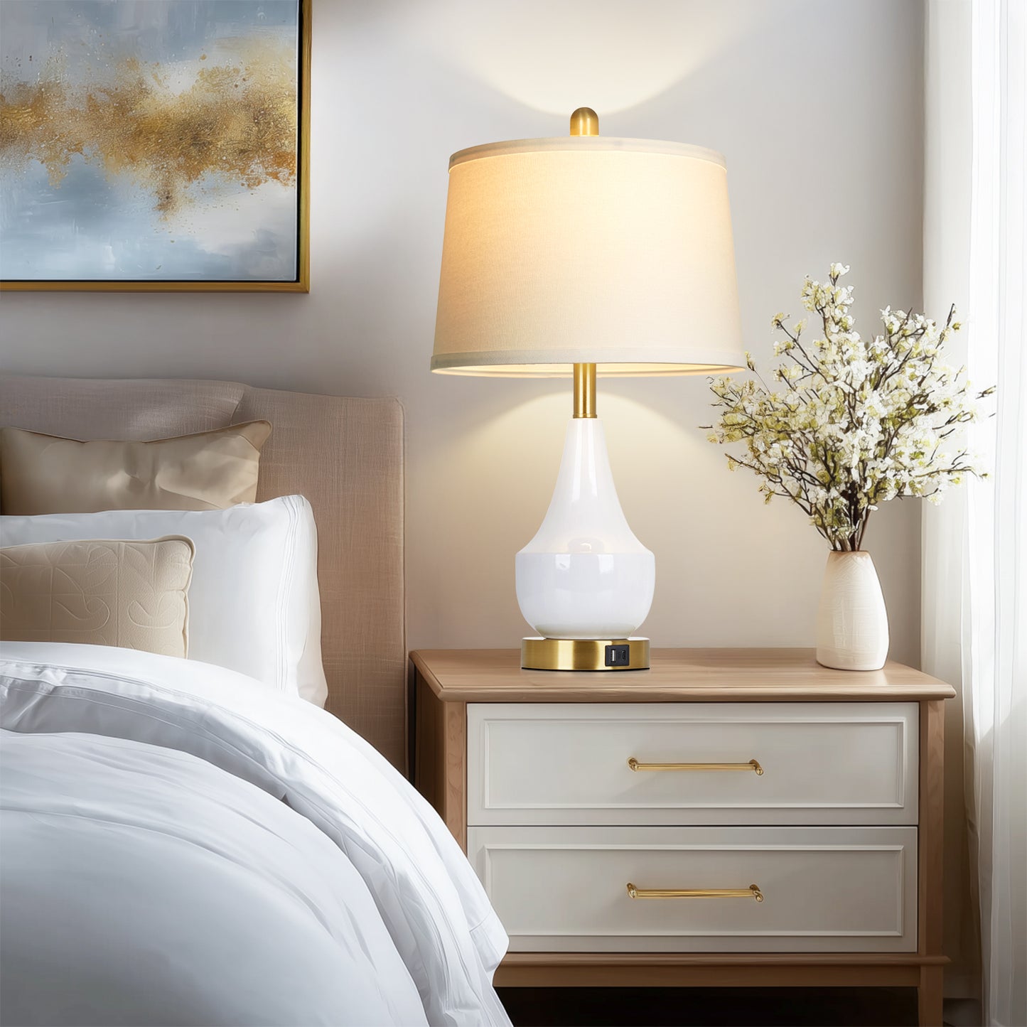 24'' Modern Ceramic Table Lamp White Linen Shade, Gold Accents, Built-in USB & Type-C Charging(Set of 2)