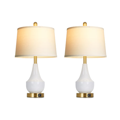 24'' Modern Ceramic Table Lamp White Linen Shade, Gold Accents, Built-in USB & Type-C Charging(Set of 2)