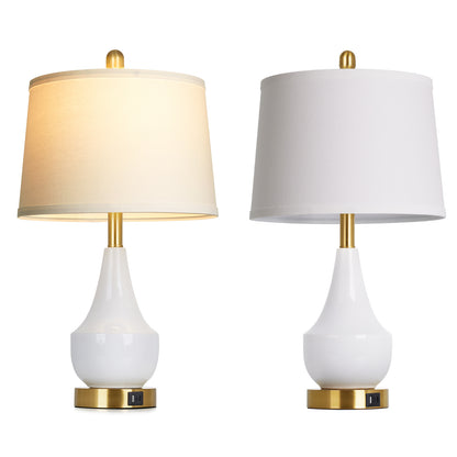 24'' Modern Ceramic Table Lamp White Linen Shade, Gold Accents, Built-in USB & Type-C Charging(Set of 2)