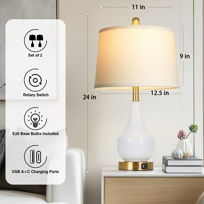 24'' Modern Ceramic Table Lamp White Linen Shade, Gold Accents, Built-in USB & Type-C Charging(Set of 2)