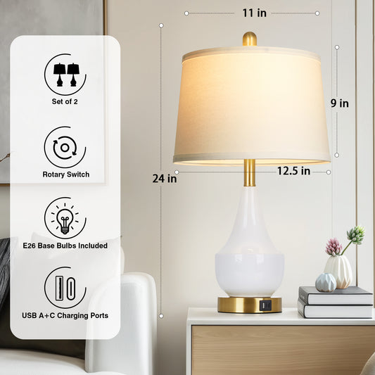 24'' Modern Ceramic Table Lamp White Linen Shade, Gold Accents, Built-in USB & Type-C Charging(Set of 2)