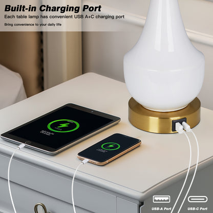 24'' Modern Ceramic Table Lamp White Linen Shade, Gold Accents, Built-in USB & Type-C Charging(Set of 2)
