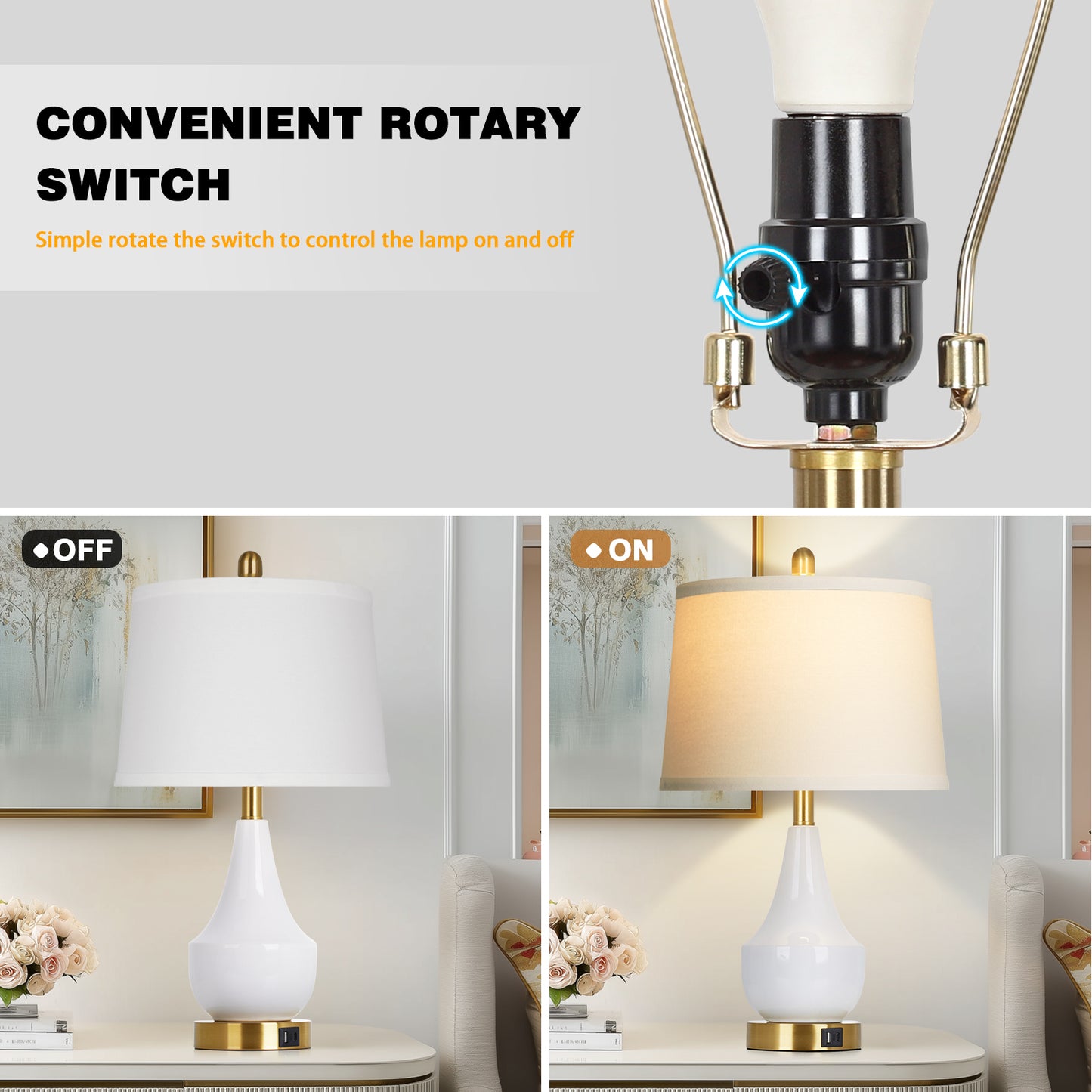 24'' Modern Ceramic Table Lamp White Linen Shade, Gold Accents, Built-in USB & Type-C Charging(Set of 2)