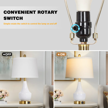 24'' Modern Ceramic Table Lamp White Linen Shade, Gold Accents, Built-in USB & Type-C Charging(Set of 2)