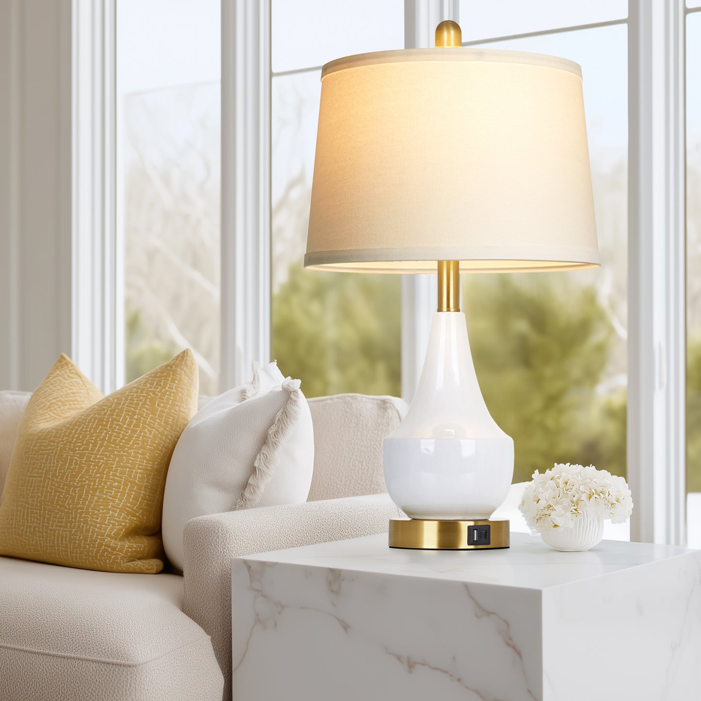 24'' Modern Ceramic Table Lamp White Linen Shade, Gold Accents, Built-in USB & Type-C Charging(Set of 2)