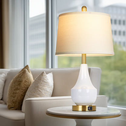 24'' Modern Ceramic Table Lamp White Linen Shade, Gold Accents, Built-in USB & Type-C Charging(Set of 2)