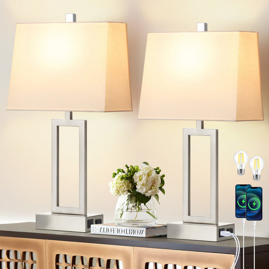 White Table Lamps with 3-way Touch Dimming Switch and Charging Ports (Set of 2)