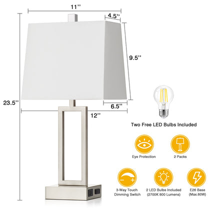 White Table Lamps with 3-way Touch Dimming Switch and Charging Ports (Set of 2)