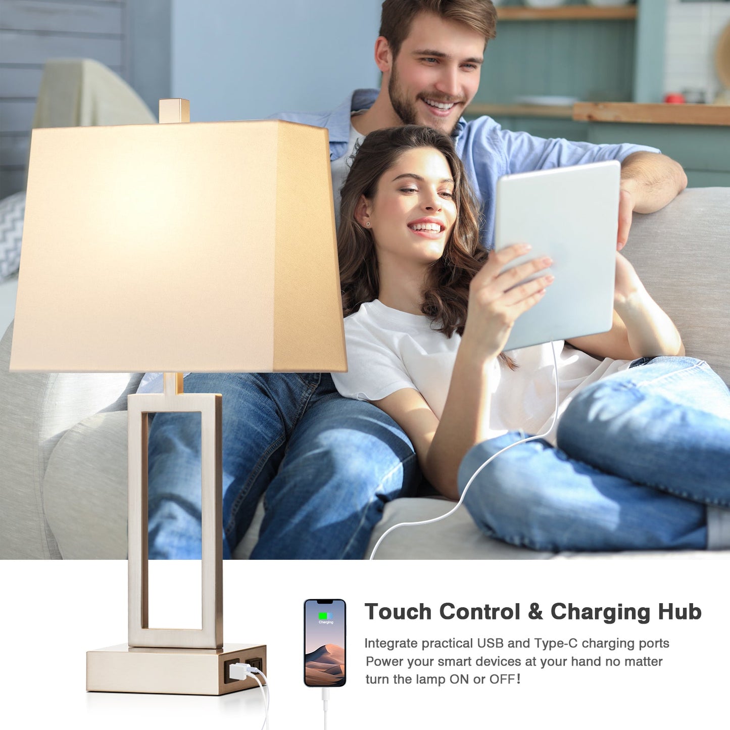 White Table Lamps with 3-way Touch Dimming Switch and Charging Ports (Set of 2)