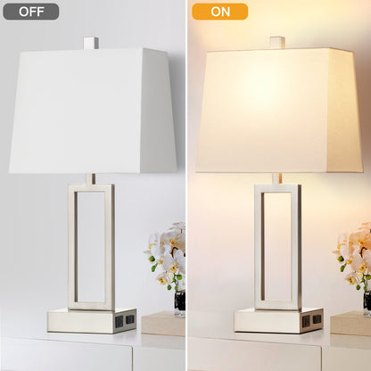 White Table Lamps with 3-way Touch Dimming Switch and Charging Ports (Set of 2)