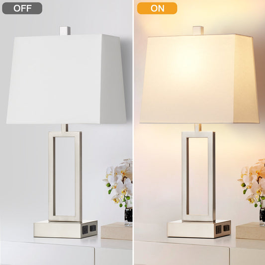 White Table Lamps with 3-way Touch Dimming Switch and Charging Ports (Set of 2)