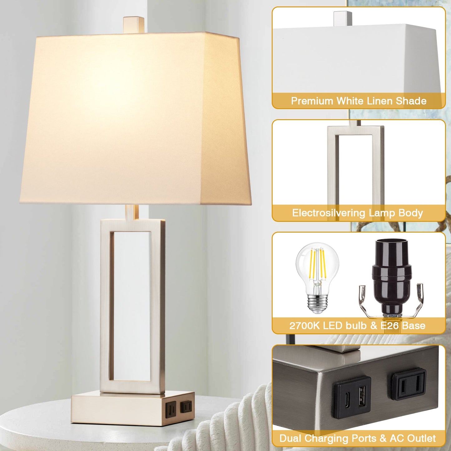 White Table Lamps with 3-way Touch Dimming Switch and Charging Ports (Set of 2)