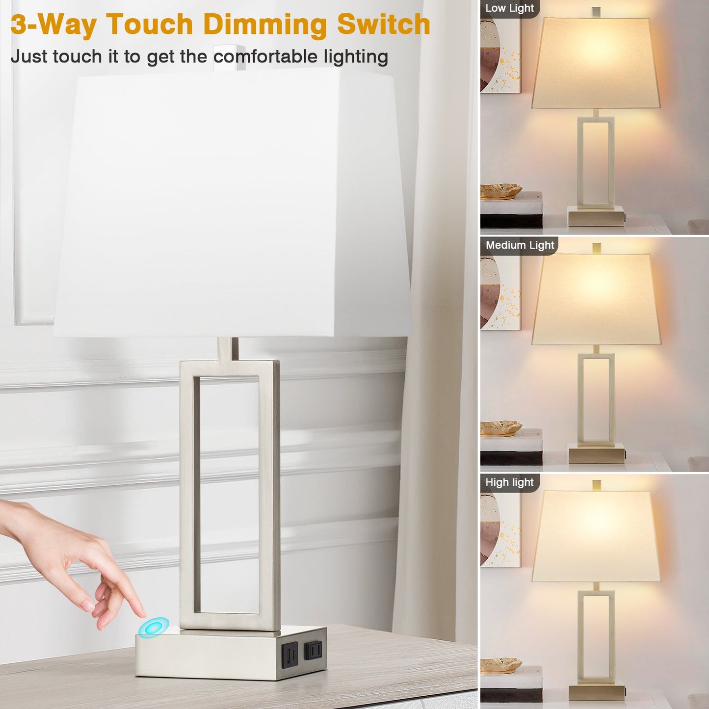 White Table Lamps with 3-way Touch Dimming Switch and Charging Ports (Set of 2)