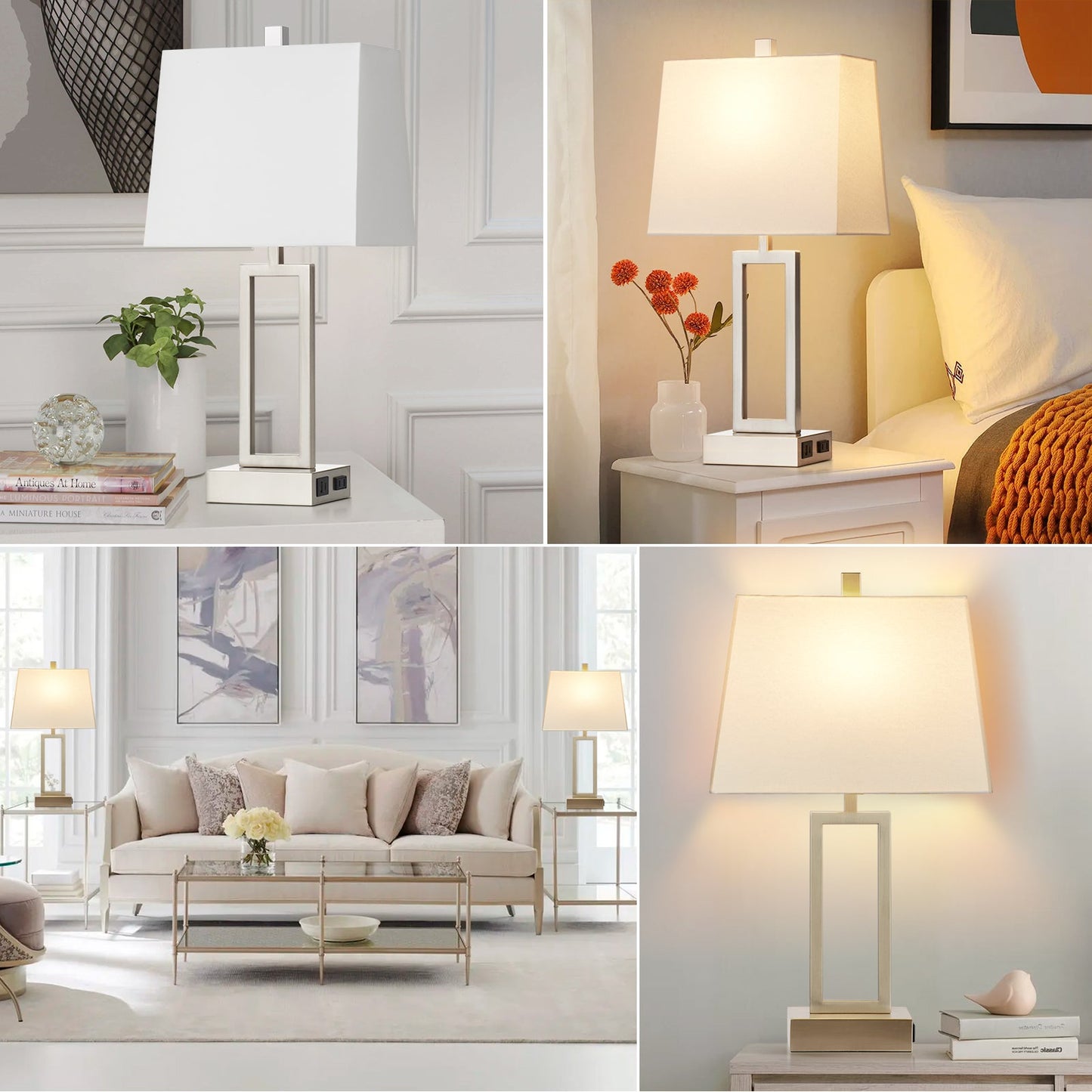 White Table Lamps with 3-way Touch Dimming Switch and Charging Ports (Set of 2)