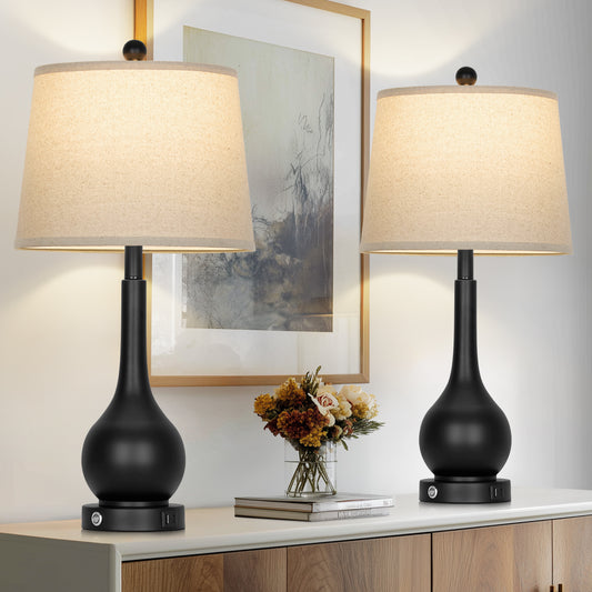 26" Modern Table Lamp Pair – Black Base with Beige Fabric Shade, USB & Type-C Charging, 3-Way Dimmable LED Bulb Included(Set of 2)