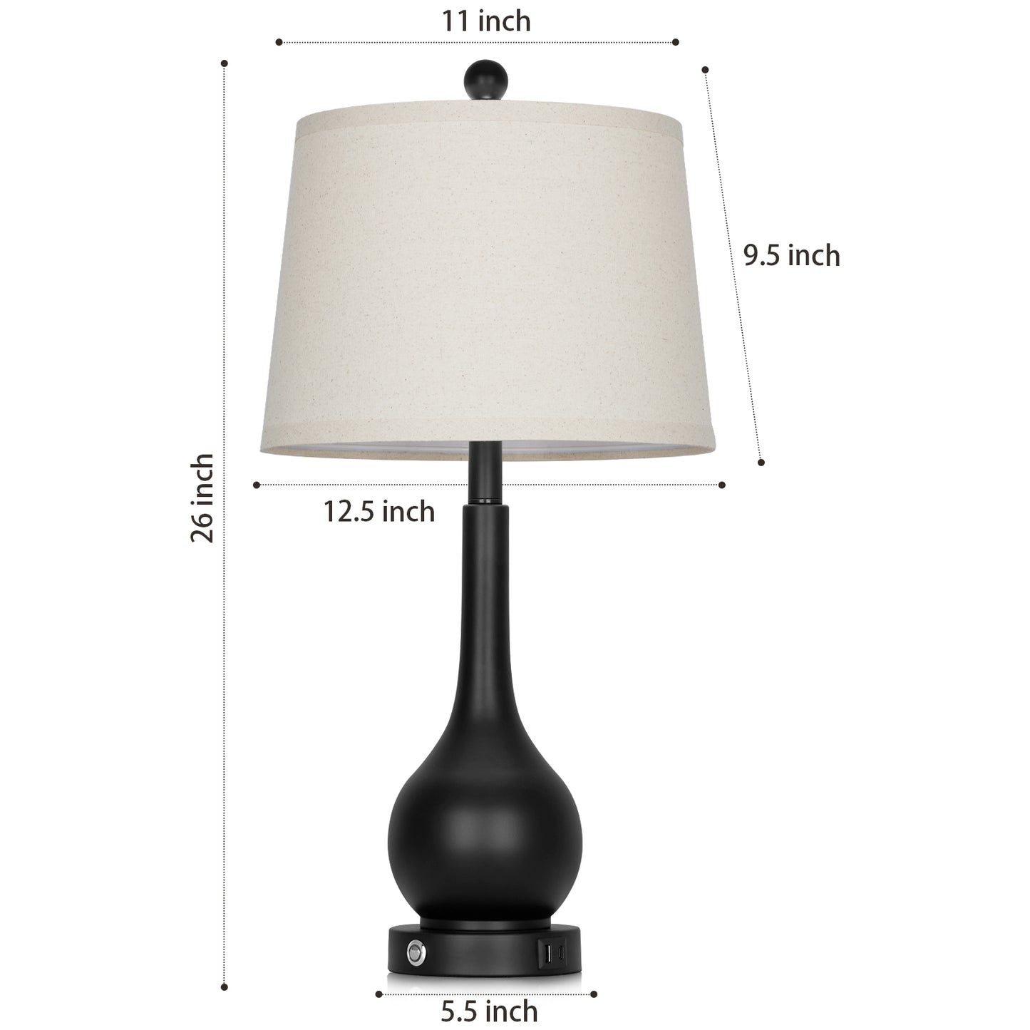 26" Modern Table Lamp Pair – Black Base with Beige Fabric Shade, USB & Type-C Charging, 3-Way Dimmable LED Bulb Included(Set of 2)