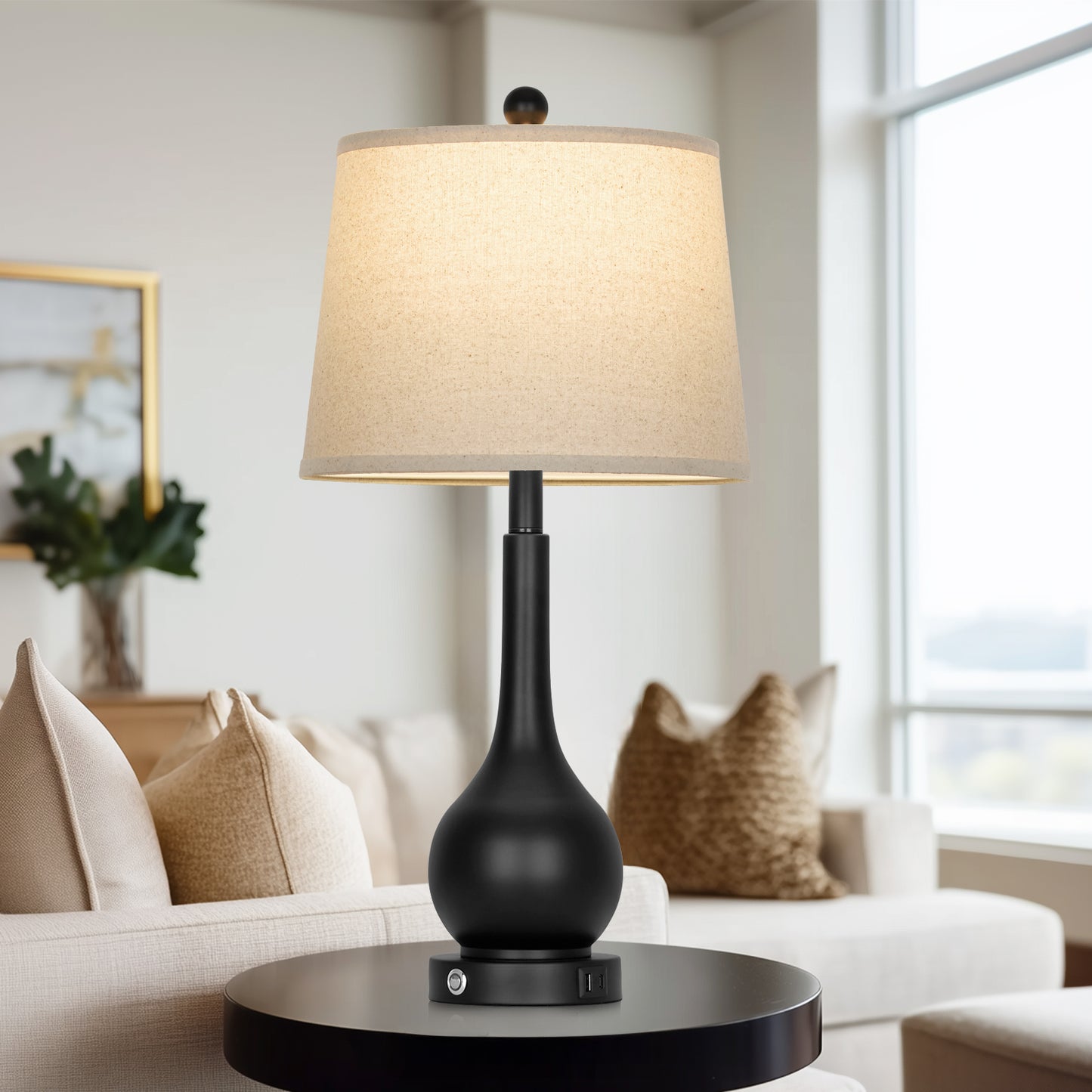 26" Modern Table Lamp Pair – Black Base with Beige Fabric Shade, USB & Type-C Charging, 3-Way Dimmable LED Bulb Included(Set of 2)