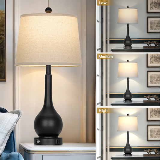 26" Modern Table Lamp Pair – Black Base with Beige Fabric Shade, USB & Type-C Charging, 3-Way Dimmable LED Bulb Included(Set of 2)