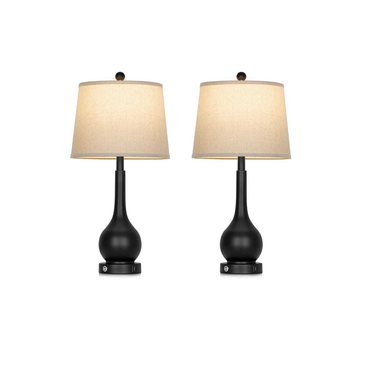 26" Modern Table Lamp Pair – Black Base with Beige Fabric Shade, USB & Type-C Charging, 3-Way Dimmable LED Bulb Included(Set of 2)