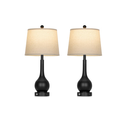 26" Modern Table Lamp Pair – Black Base with Beige Fabric Shade, USB & Type-C Charging, 3-Way Dimmable LED Bulb Included(Set of 2)
