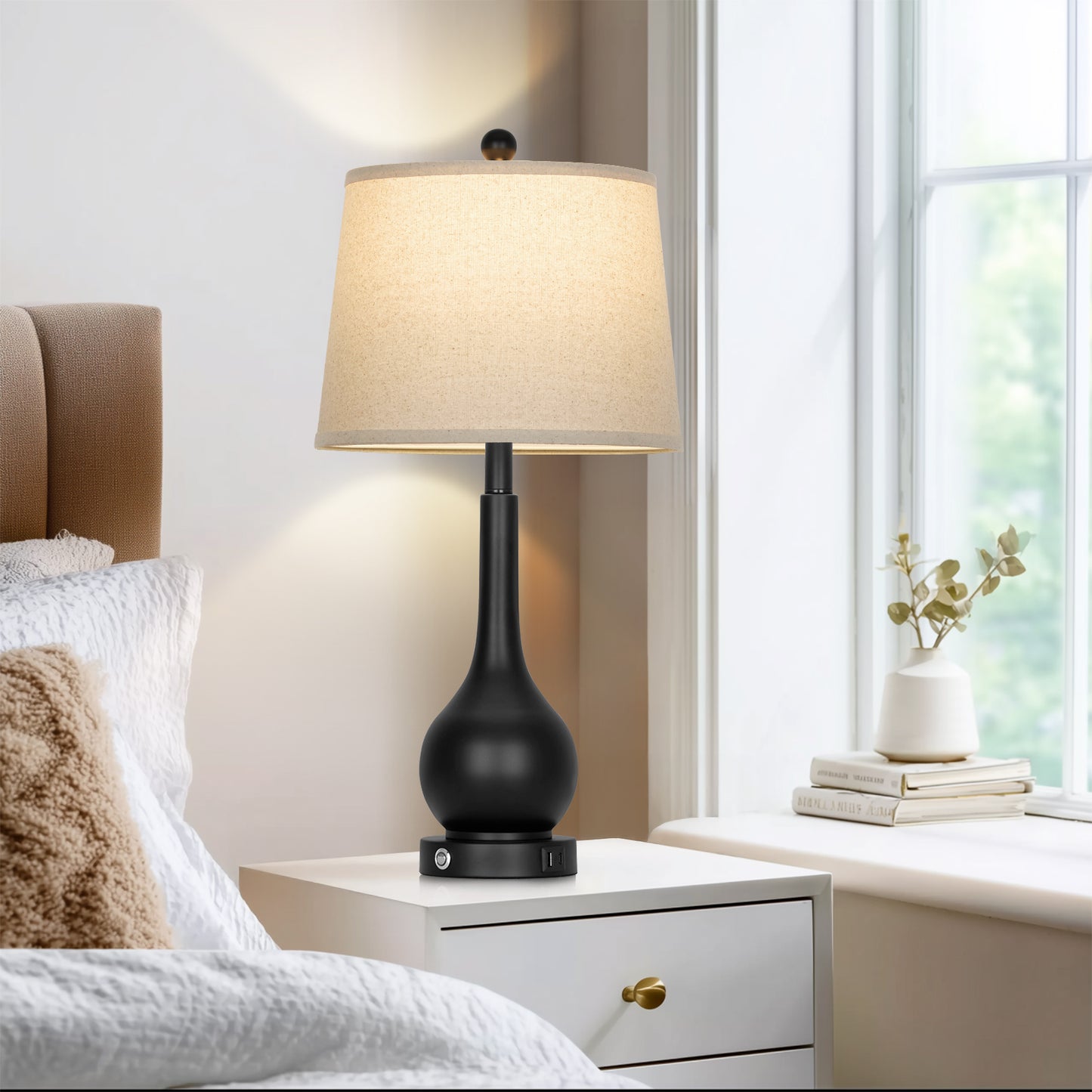 26" Modern Table Lamp Pair – Black Base with Beige Fabric Shade, USB & Type-C Charging, 3-Way Dimmable LED Bulb Included(Set of 2)