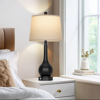 26" Modern Table Lamp Pair – Black Base with Beige Fabric Shade, USB & Type-C Charging, 3-Way Dimmable LED Bulb Included(Set of 2)