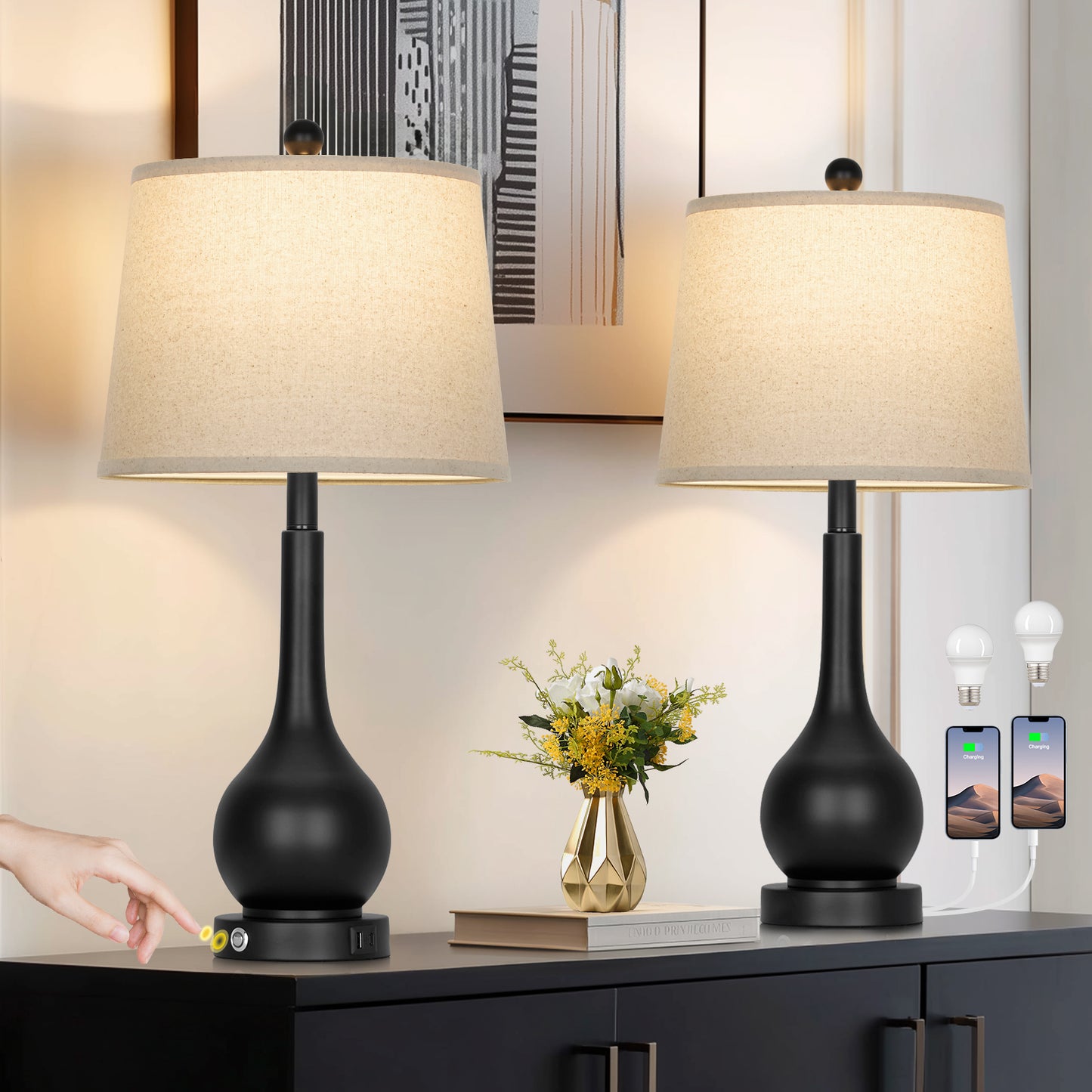 26" Modern Table Lamp Pair – Black Base with Beige Fabric Shade, USB & Type-C Charging, 3-Way Dimmable LED Bulb Included(Set of 2)