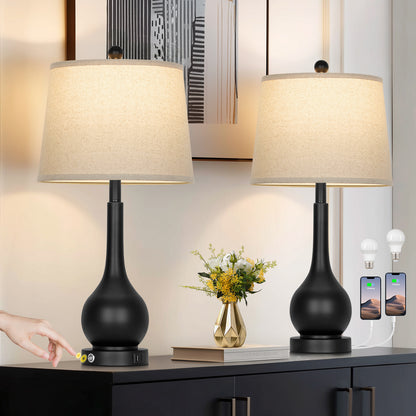 26" Modern Table Lamp Pair – Black Base with Beige Fabric Shade, USB & Type-C Charging, 3-Way Dimmable LED Bulb Included(Set of 2)