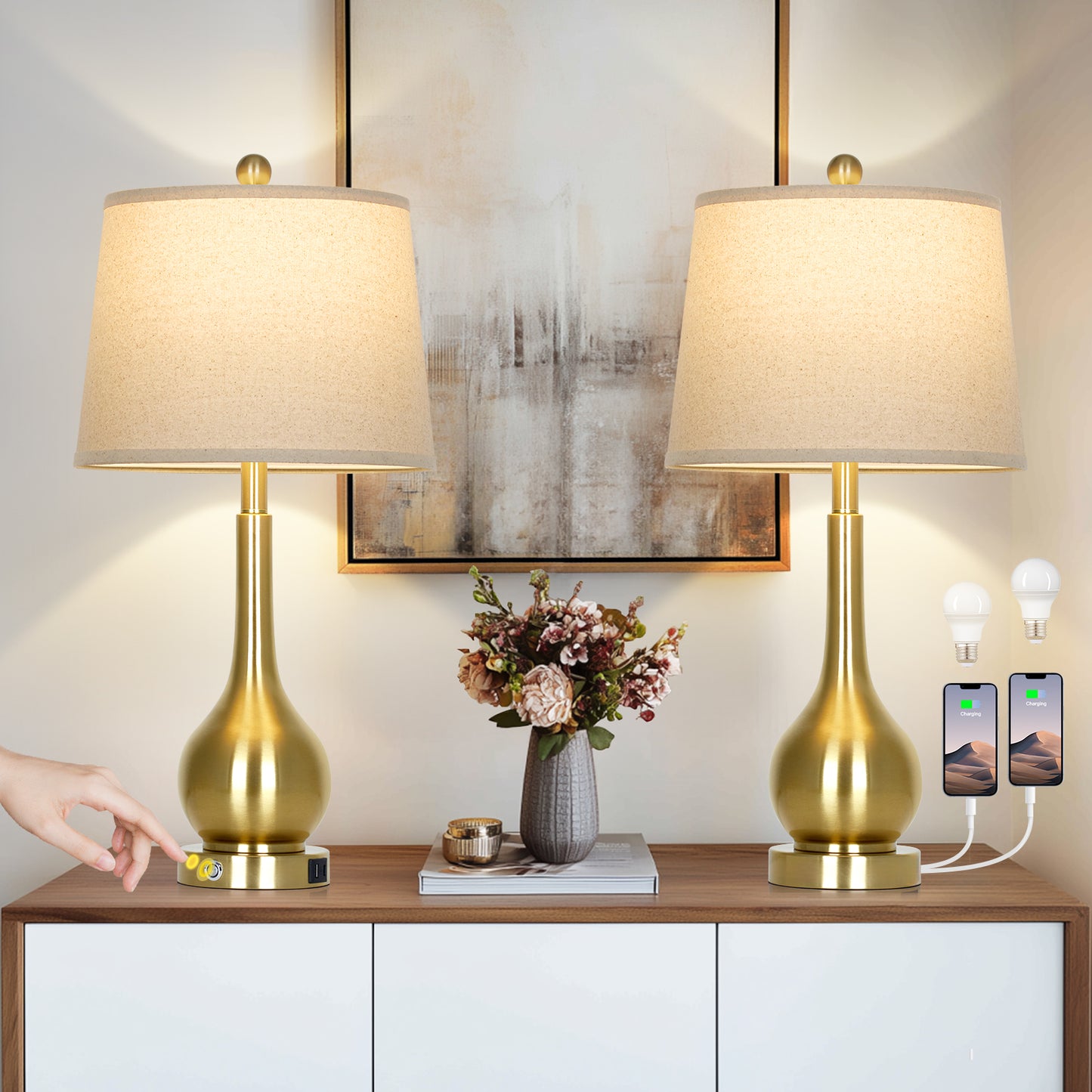 Brass Table Lamp with USB & Type-C Charging, 3000K LED Bulb, Oatmeal Linen Shade - Set of 2