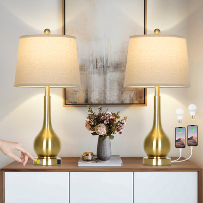 Brass Table Lamp with USB & Type-C Charging, 3000K LED Bulb, Oatmeal Linen Shade - Set of 2