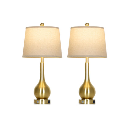 26" Gold Brass Table Lamp Set of 2, Modern Linen Shade with USB & Type-C Charging, Includes 9W Dimmable LED Bulb, Touch Control(Set of 2)