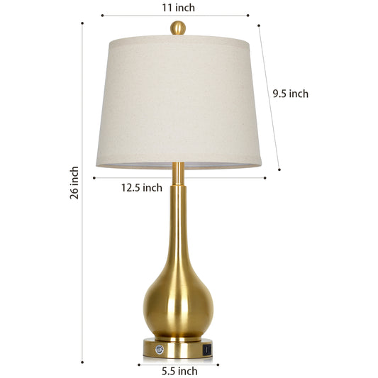 Brass Table Lamp with USB & Type-C Charging, 3000K LED Bulb, Oatmeal Linen Shade - Set of 2