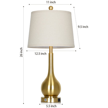 26" Gold Brass Table Lamp Set of 2, Modern Linen Shade with USB & Type-C Charging, Includes 9W Dimmable LED Bulb, Touch Control(Set of 2)