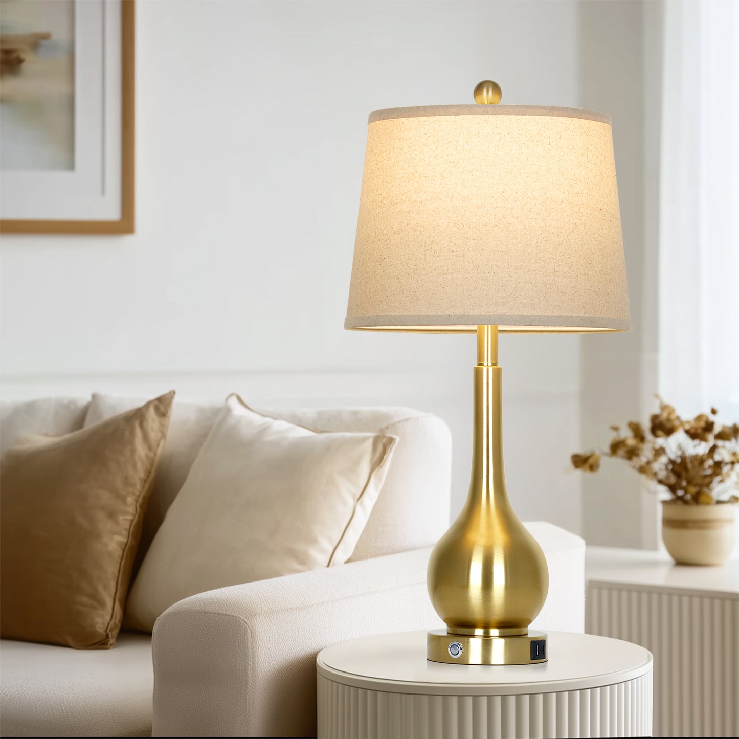 26" Gold Brass Table Lamp Set of 2, Modern Linen Shade with USB & Type-C Charging, Includes 9W Dimmable LED Bulb, Touch Control(Set of 2)