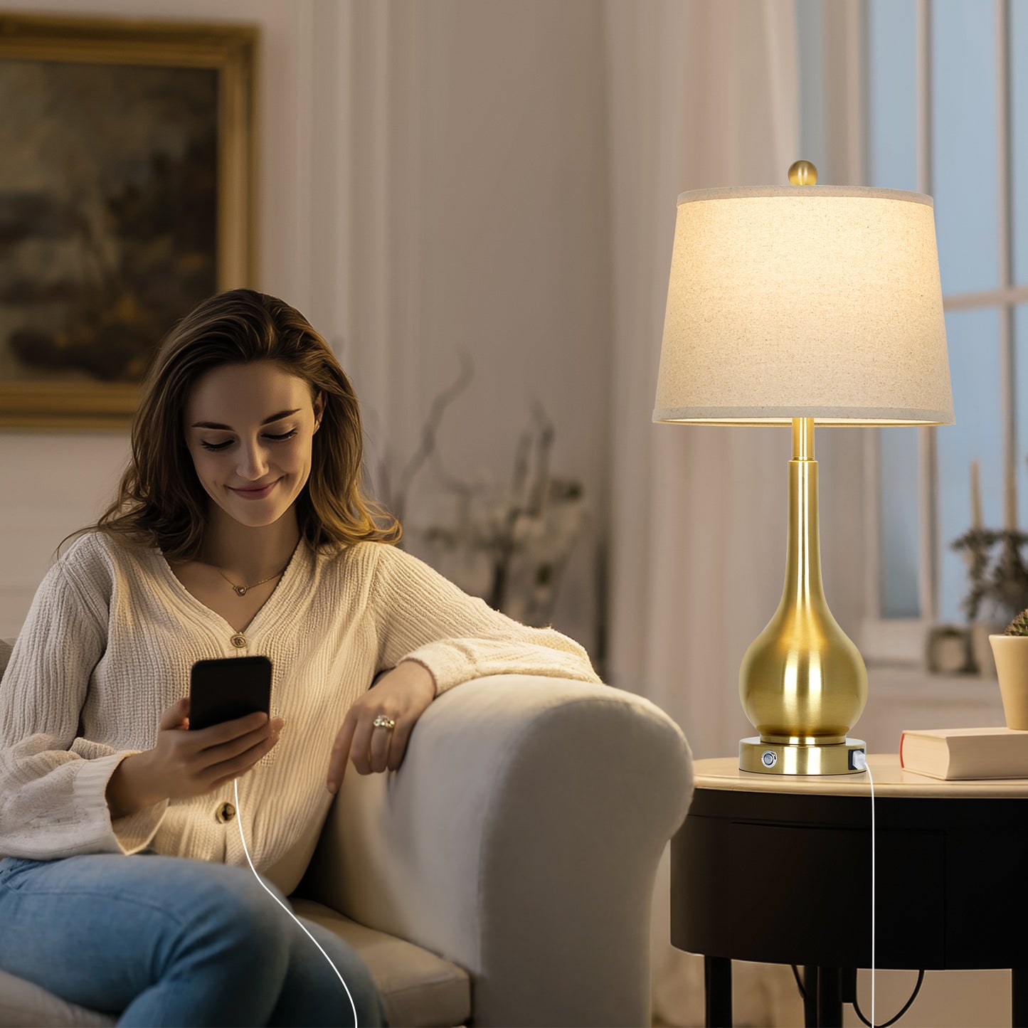 Brass Table Lamp with USB & Type-C Charging, 3000K LED Bulb, Oatmeal Linen Shade - Set of 2